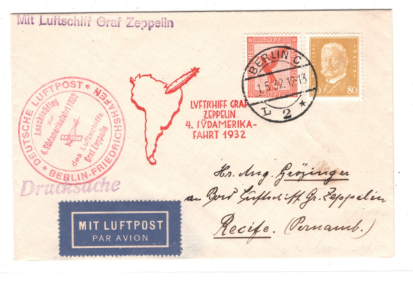 GERMANY GRAF ZEPPELIN Airmail Cover *4.SÜDAMERIKAFAHRT* 1932 BRAZIL Recife KZ288 - Image 4