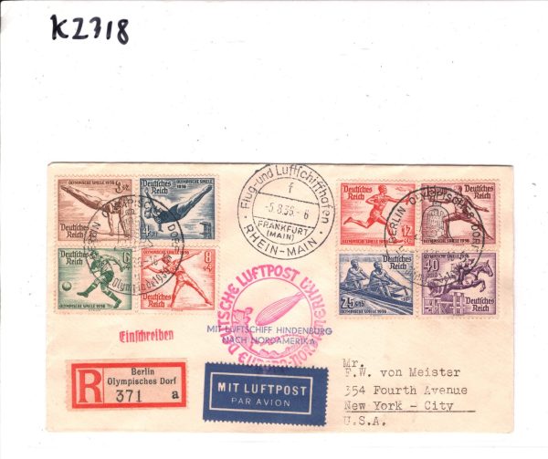 GERMANY HINDENBURG ZEPPELIN Air Mail Cover OLYMPIC VILLAGE USA NY 1936 KZ318 - Image 4