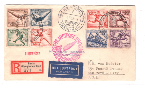 GERMANY HINDENBURG ZEPPELIN Air Mail Cover OLYMPIC VILLAGE USA NY 1936 KZ318