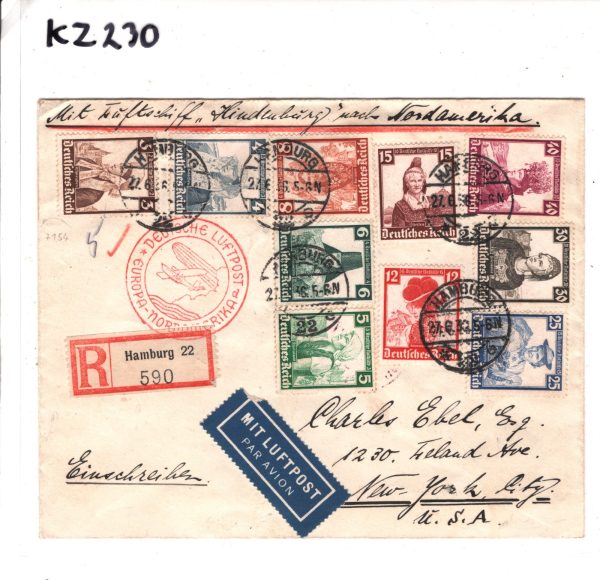 GERMANY HINDENBURG ZEPPELIN Air Mail Cover Registered USA New York 1936 KZ230 - Image 4