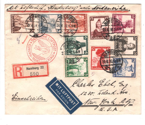 GERMANY HINDENBURG ZEPPELIN Air Mail Cover Registered USA New York 1936 KZ230