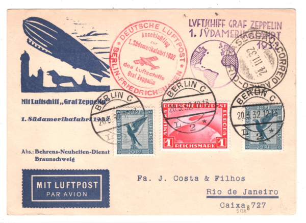 GERMANY Illustrated GRAF ZEPPELIN Air Mail Card 1.SÜDAMERIKAFAHRT 1932 Rio KZ275 - Image 3