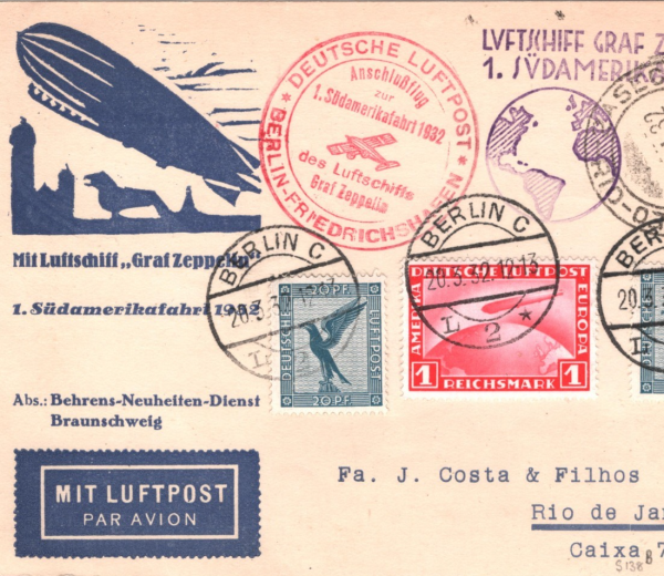 GERMANY Illustrated GRAF ZEPPELIN Air Mail Card 1.SÜDAMERIKAFAHRT 1932 Rio KZ275