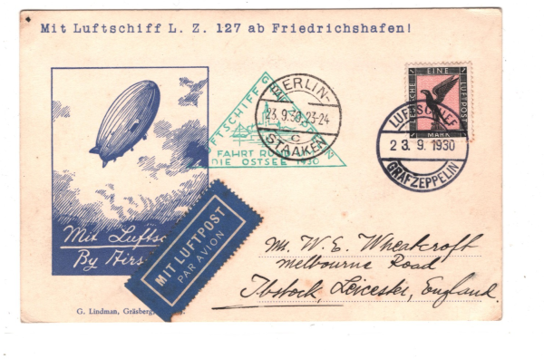 GERMANY Lindman ILLUSTRATED Card ZEPPELIN Air*DROP MAIL* 1930 FAHRT OSTSEE KZ322 - Image 3