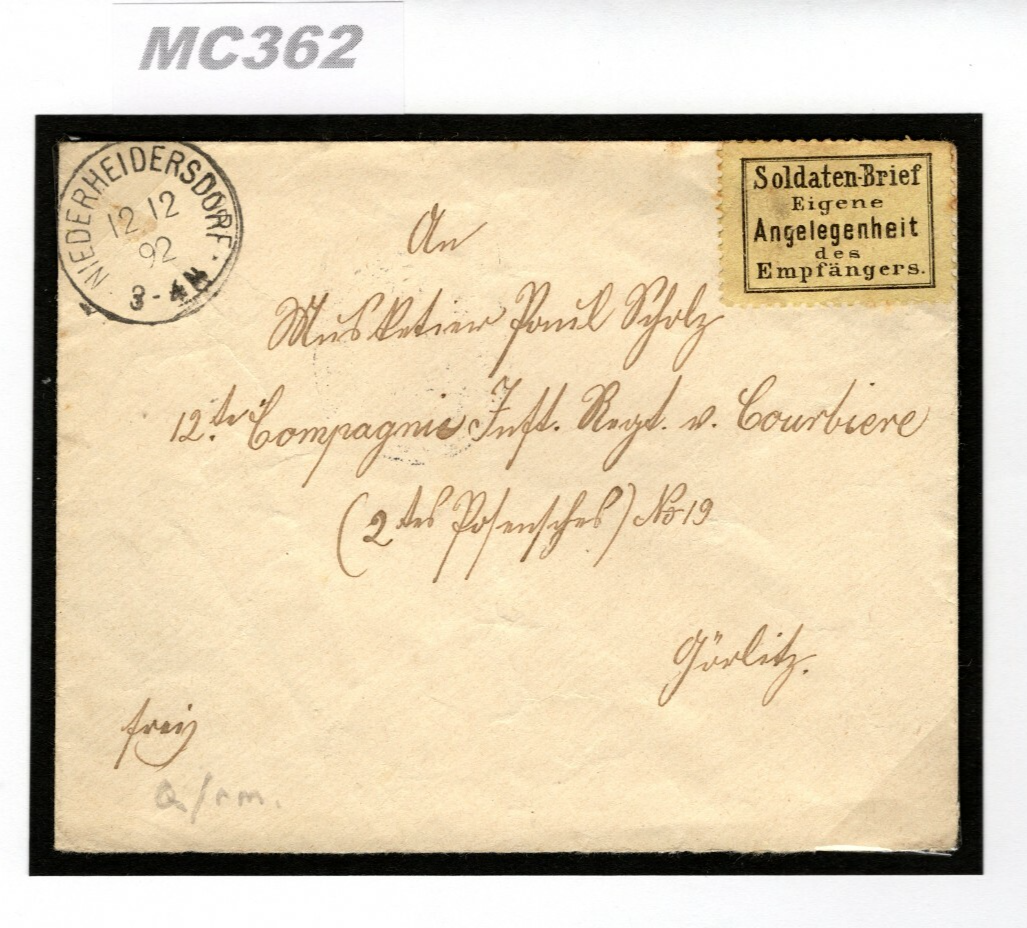 GERMANY Military 1892 Cover *SOLDATEN-BRIEF* Stamp/Label Niederh'dorf CDS MC362 - Image 11