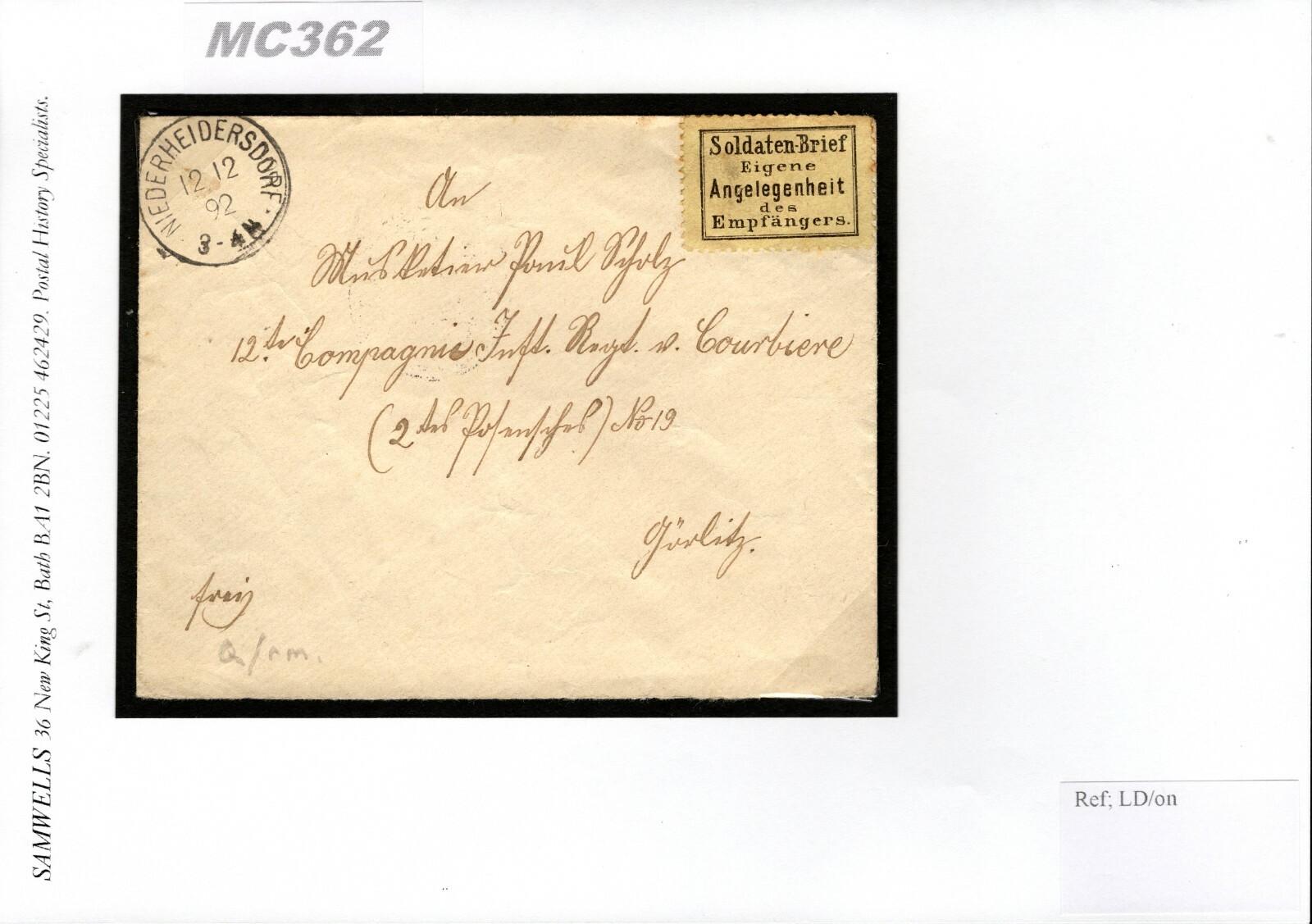 GERMANY Military 1892 Cover *SOLDATEN-BRIEF* Stamp/Label Niederh'dorf CDS MC362 - Image 12