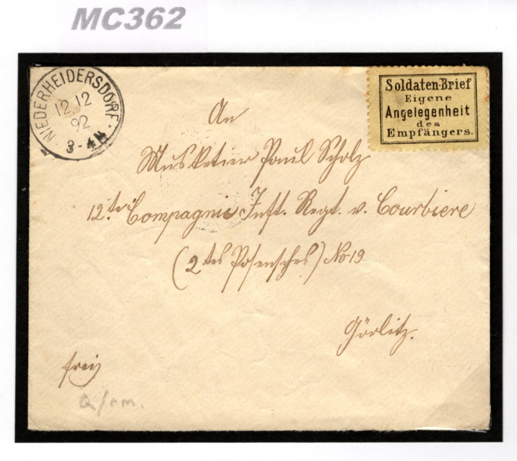 GERMANY Military 1892 Cover *SOLDATEN-BRIEF* Stamp/Label Niederh'dorf CDS MC362 - Image 7