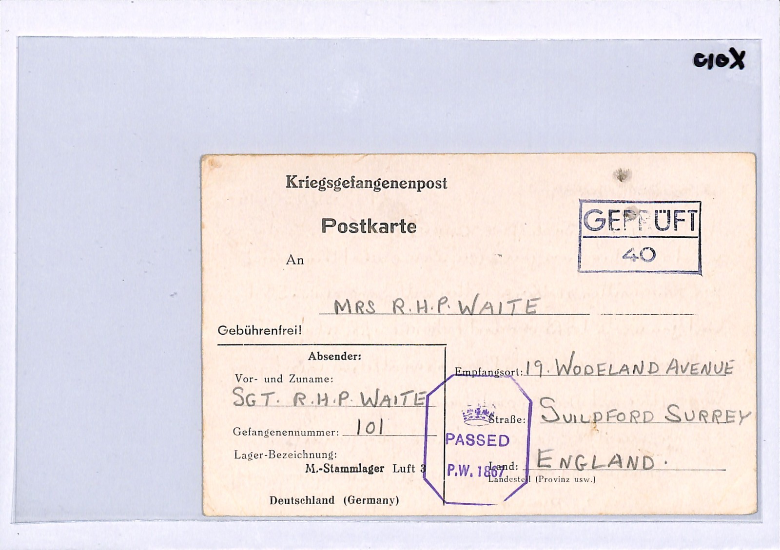 GERMANY (Poland) WW2 GB RAF POW Card *STALAG LUFT 3* CAMP 1942 Guildford XO10 - Image 6
