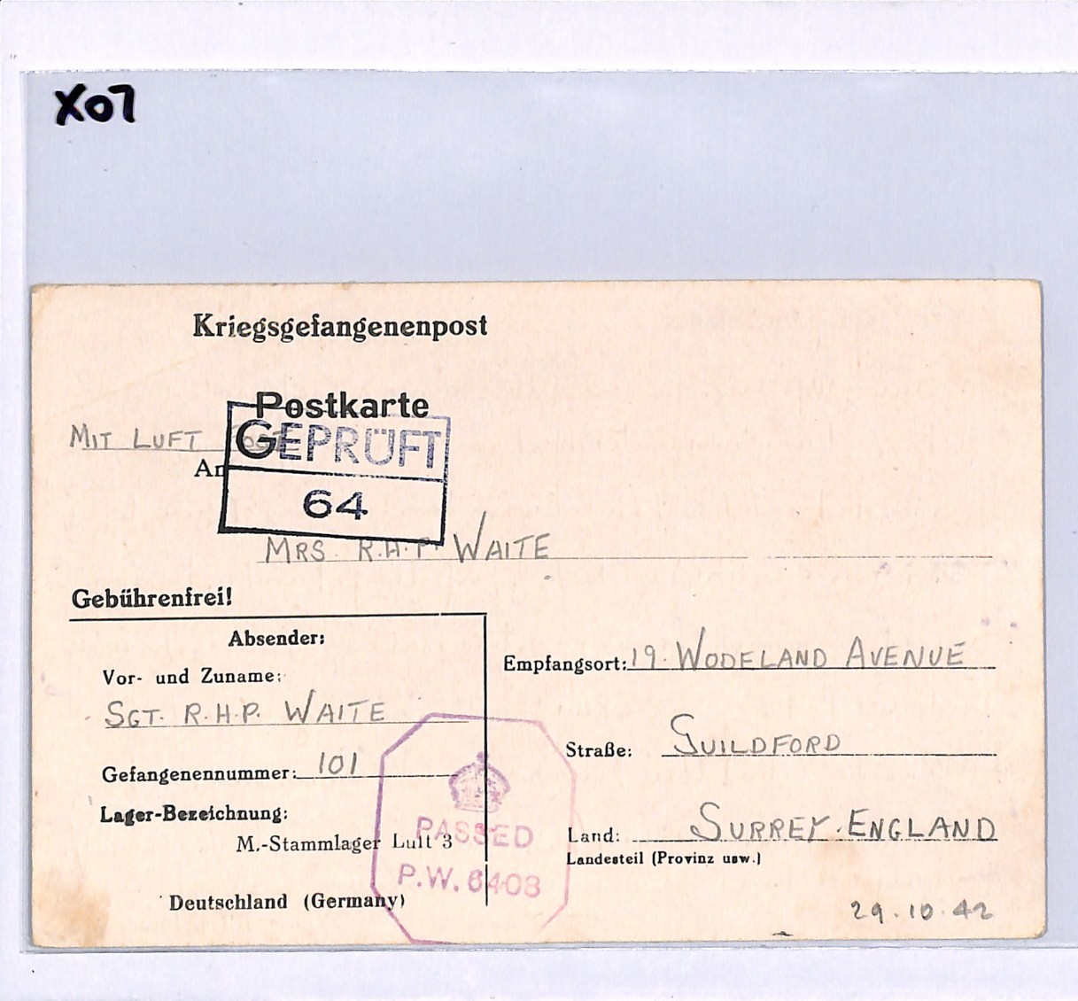 GERMANY (Poland) WW2 GB RAF POW Card STALAG *LUFT 3* Imprint 1942 Guildford X07 - Image 8