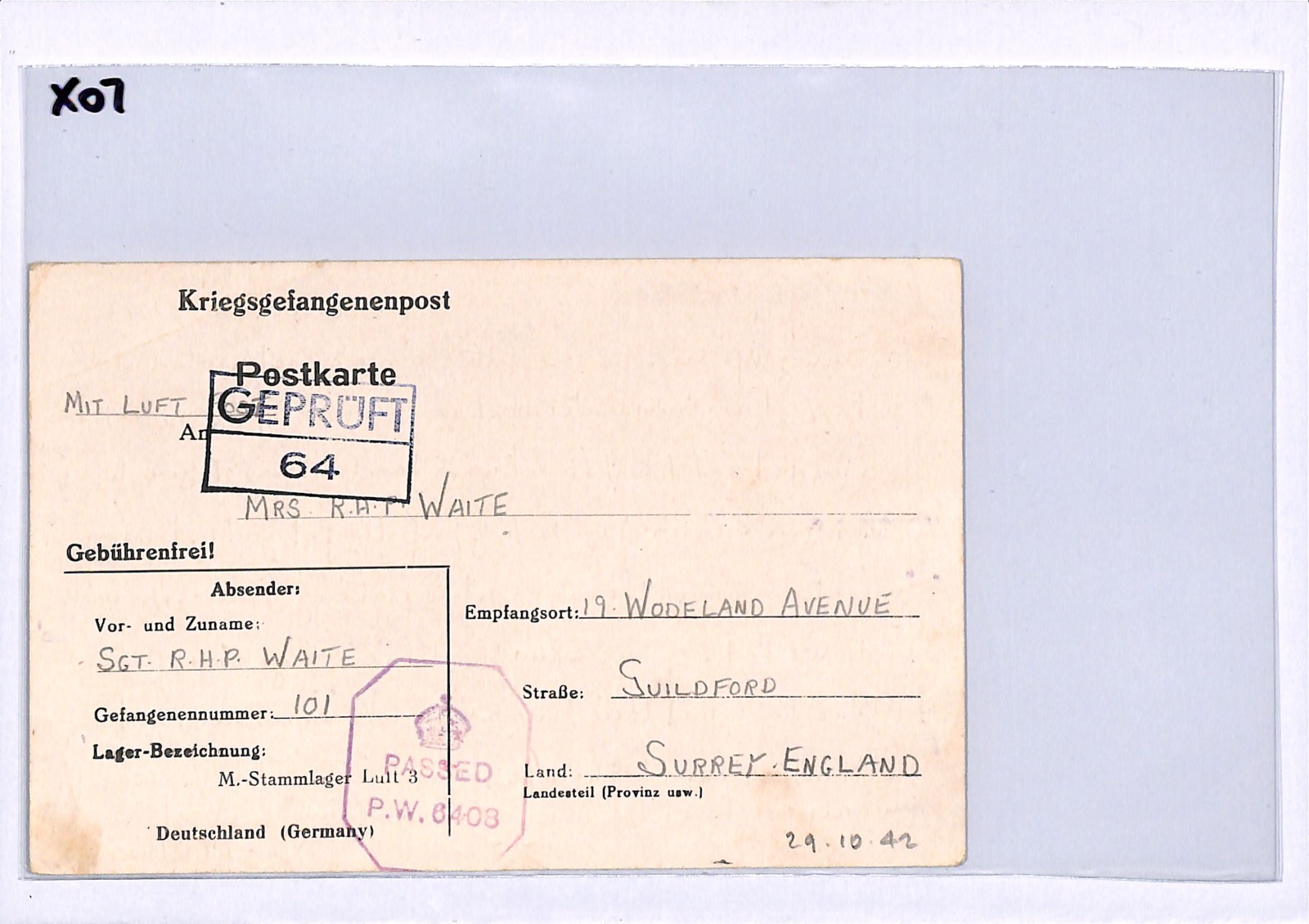 GERMANY (Poland) WW2 GB RAF POW Card STALAG *LUFT 3* Imprint 1942 Guildford X07 - Image 10