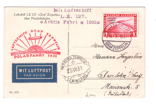 GERMANY Postcard ZEPPELIN 1m Airmail *POLARFARHT* 1931 Overprint LENINGRAD KZ255 - Image 5