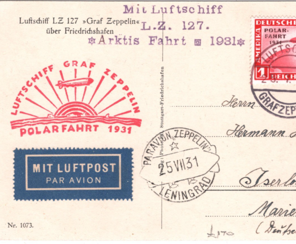 GERMANY Postcard ZEPPELIN 1m Airmail *POLARFARHT* 1931 Overprint LENINGRAD KZ255 - Image 7