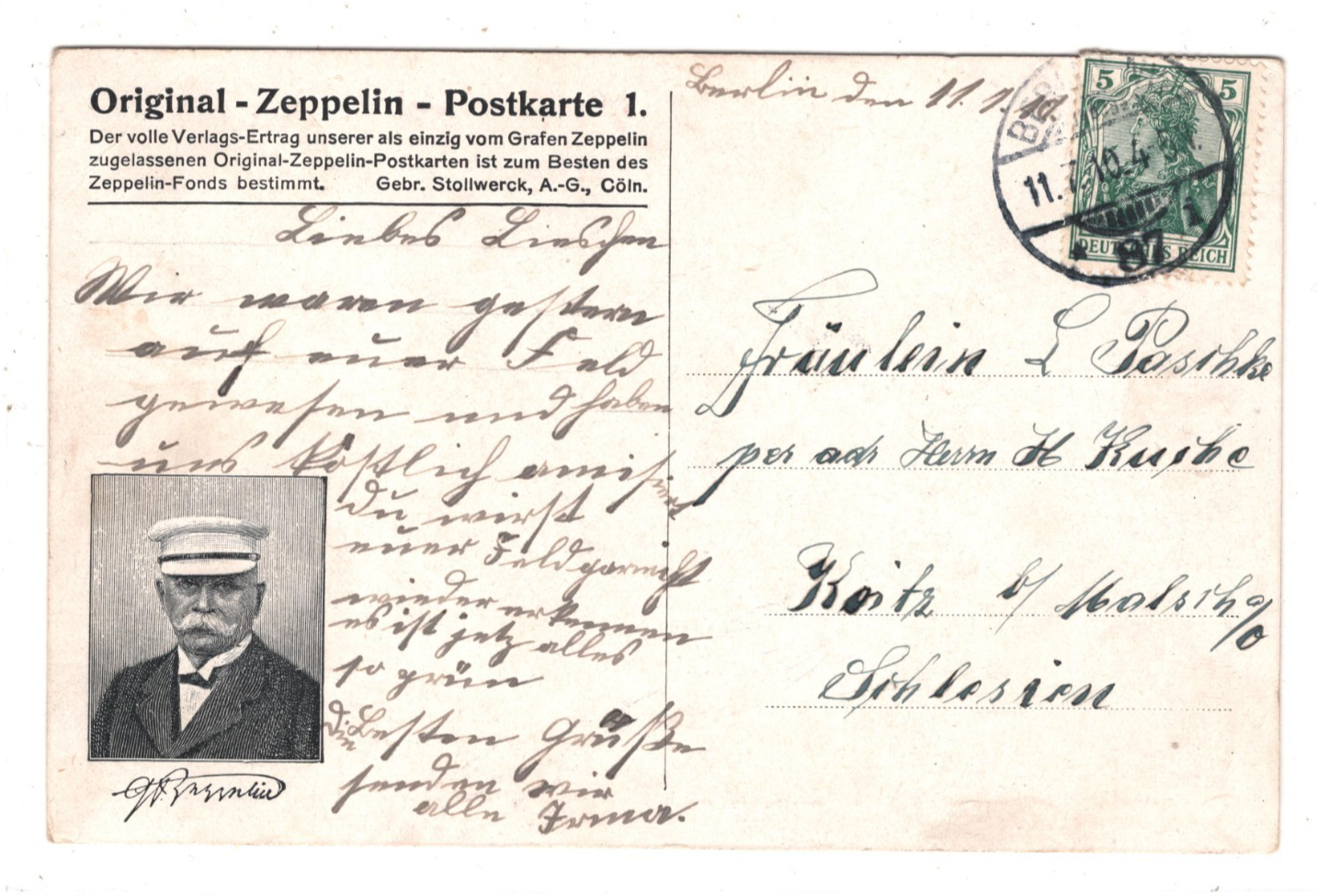 GERMANY Postcard ZEPPELIN ORIGINAL SERIES *POSTKARTE #1* Used 1910 Berlin KZ306 - Image 3