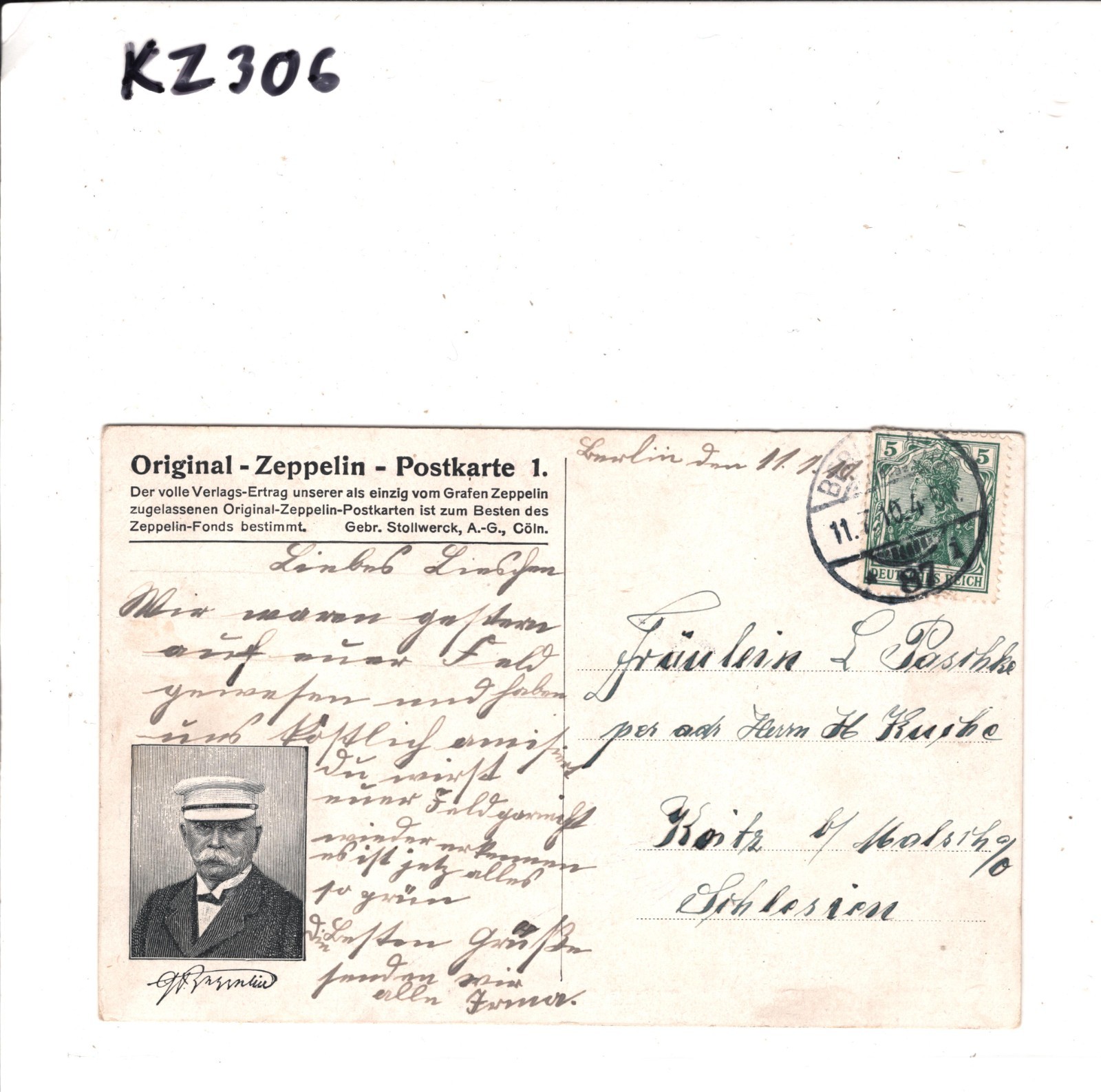 GERMANY Postcard ZEPPELIN ORIGINAL SERIES *POSTKARTE #1* Used 1910 Berlin KZ306 - Image 5