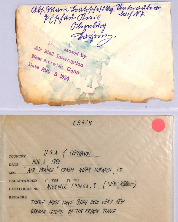 GERMANY USA Cover 1954 *CRASH MAIL* Cover AIR FRANCE Norwich CT Cachet WT117 - Image 5
