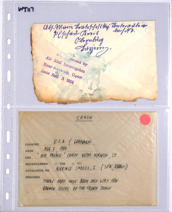 GERMANY USA Cover 1954 *CRASH MAIL* Cover AIR FRANCE Norwich CT Cachet WT117 - Image 7