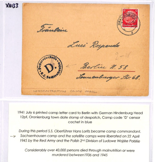 GERMANY WW2 Cover CONCENTRATION CAMP Oranienburg 1941 Sachsenhausen Censor XD133 - Image 12