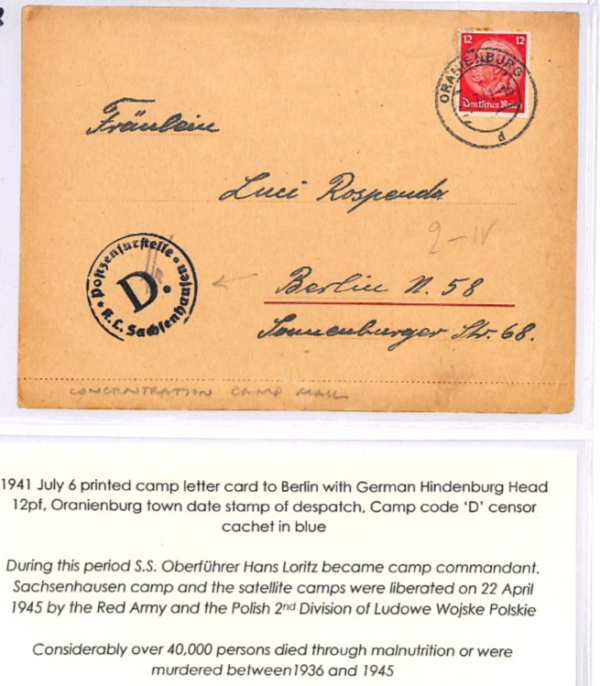 GERMANY WW2 Cover CONCENTRATION CAMP Oranienburg 1941 Sachsenhausen Censor XD133 - Image 4