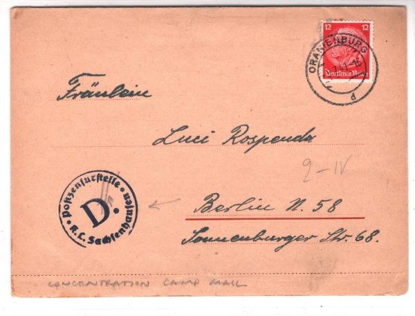 GERMANY WW2 Cover CONCENTRATION CAMP Oranienburg 1941 Sachsenhausen Censor XD133