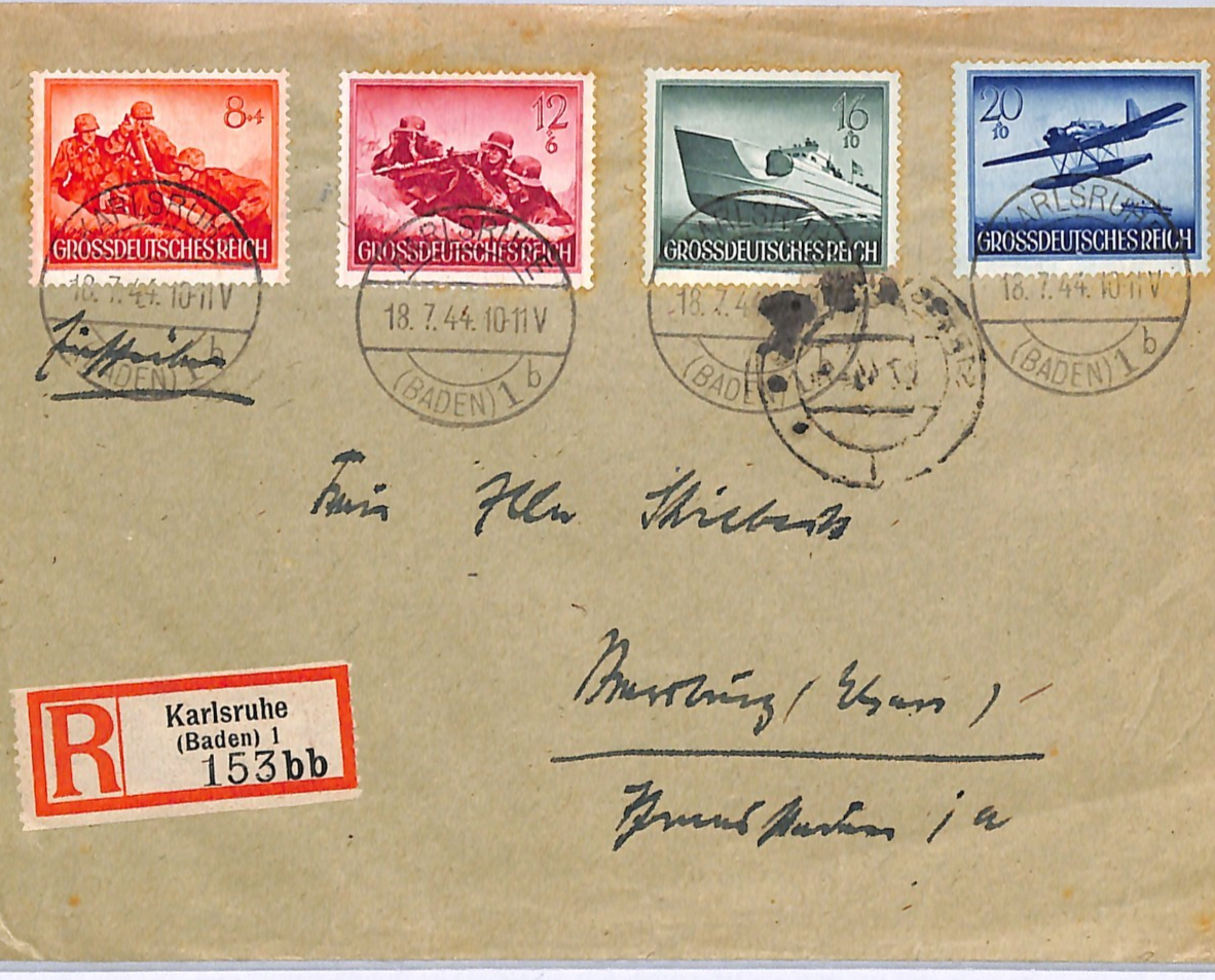 GERMANY WW2 Cover GDR ARMED FORCES Stamps 8+4pf MORTAR Reg 1944 Karlsruhe WA310 - Image 3