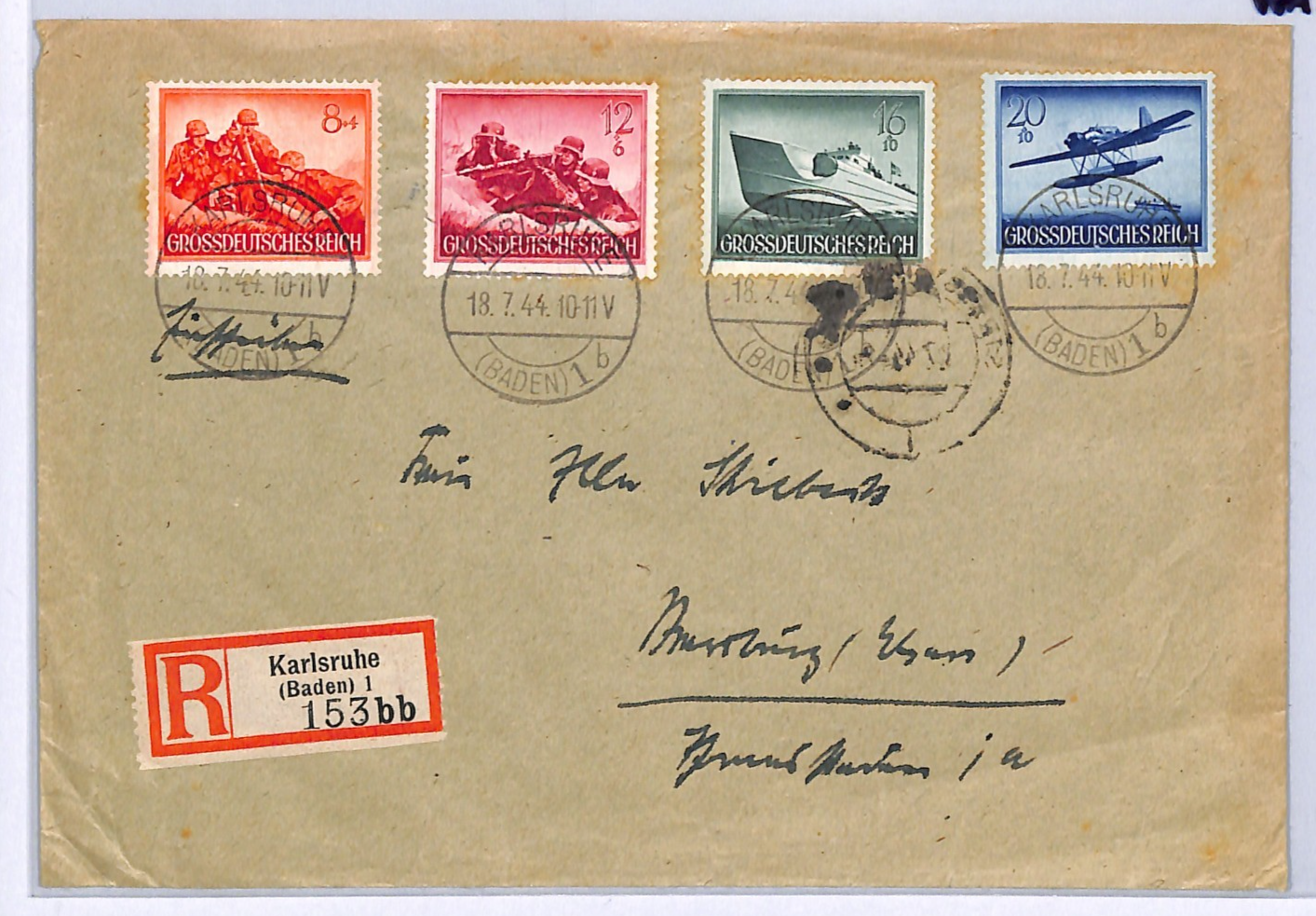 GERMANY WW2 Cover GDR ARMED FORCES Stamps 8+4pf MORTAR Reg 1944 Karlsruhe WA310 - Image 4