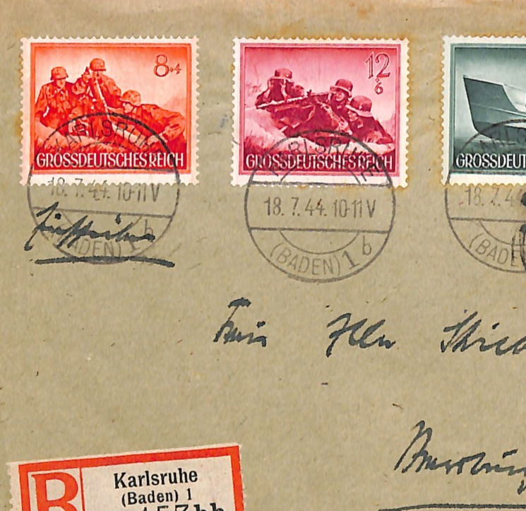 GERMANY WW2 Cover GDR ARMED FORCES Stamps 8+4pf MORTAR Reg 1944 Karlsruhe WA310