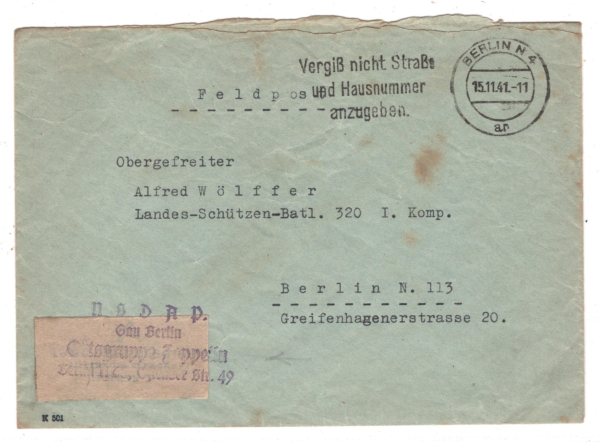 GERMANY WW2 Military Cover *ZEPPELIN* NSDAP UNIT Berlin 1941 Feldpost KZ339 - Image 3