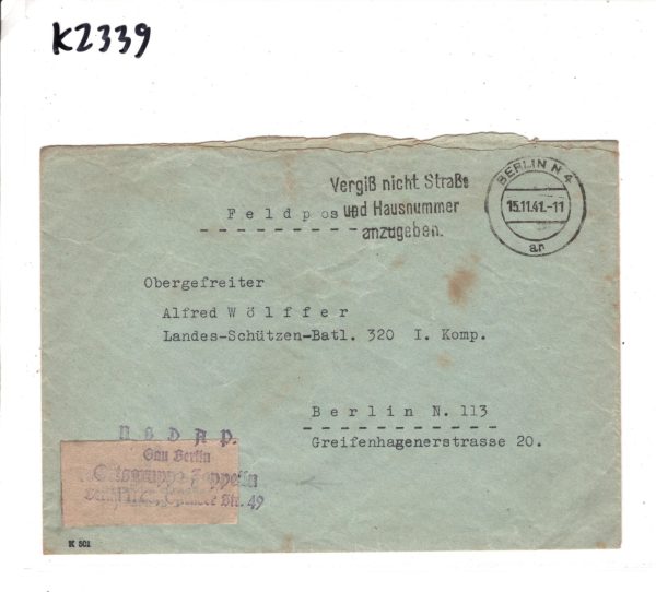 GERMANY WW2 Military Cover *ZEPPELIN* NSDAP UNIT Berlin 1941 Feldpost KZ339 - Image 5