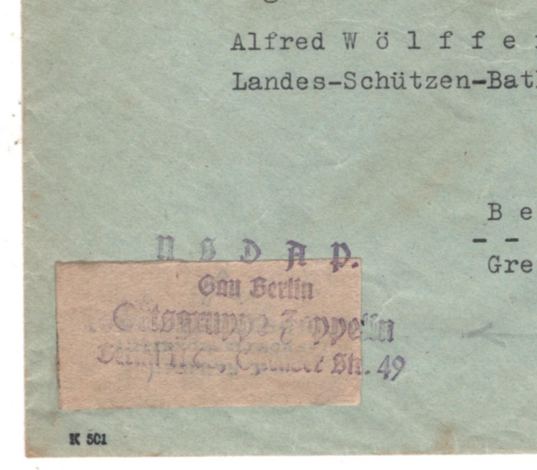 GERMANY WW2 Military Cover *ZEPPELIN* NSDAP UNIT Berlin 1941 Feldpost KZ339