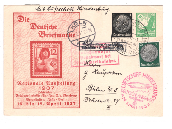 GERMANY Zeppelin 1937 HINDENBURG *FINAL FLIGHT* Card Koln DROP MAIL Berlin KZ252
