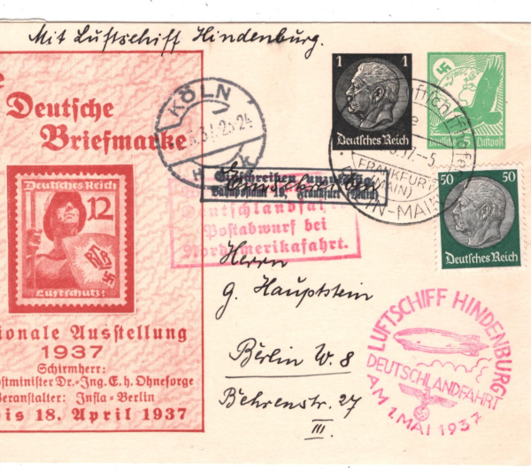 GERMANY Zeppelin 1937 HINDENBURG *FINAL FLIGHT* Card Koln DROP MAIL Berlin KZ252 - Image 10