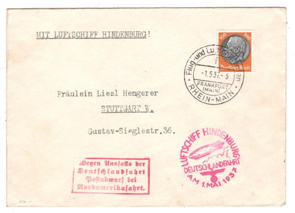 GERMANY Zeppelin HINDENBURG Air 100pf Cover 1937 *FINAL FLIGHT* Drop Mail KZ251 - Image 3