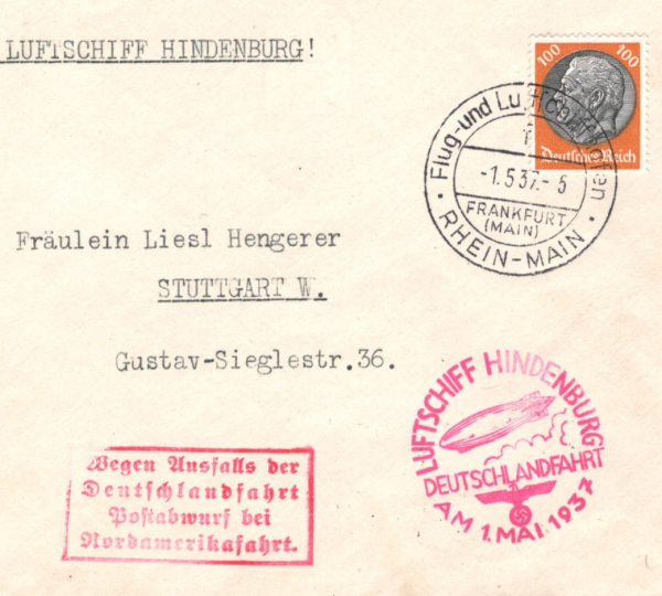 GERMANY Zeppelin HINDENBURG Air 100pf Cover 1937 *FINAL FLIGHT* Drop Mail KZ251