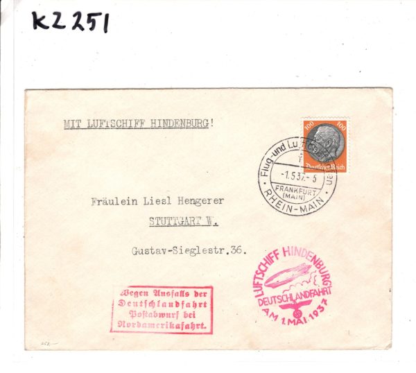 GERMANY Zeppelin HINDENBURG Air 100pf Cover 1937 *FINAL FLIGHT* Drop Mail KZ251 - Image 9