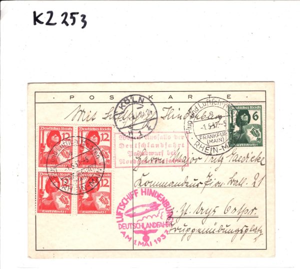 GERMANY Zeppelin HINDENBURG *FINAL FLIGHT* Card 1937 Air DROP MAIL Koln KZ253 - Image 4