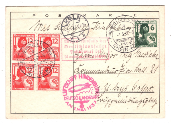 GERMANY Zeppelin HINDENBURG *FINAL FLIGHT* Card 1937 Air DROP MAIL Koln KZ253