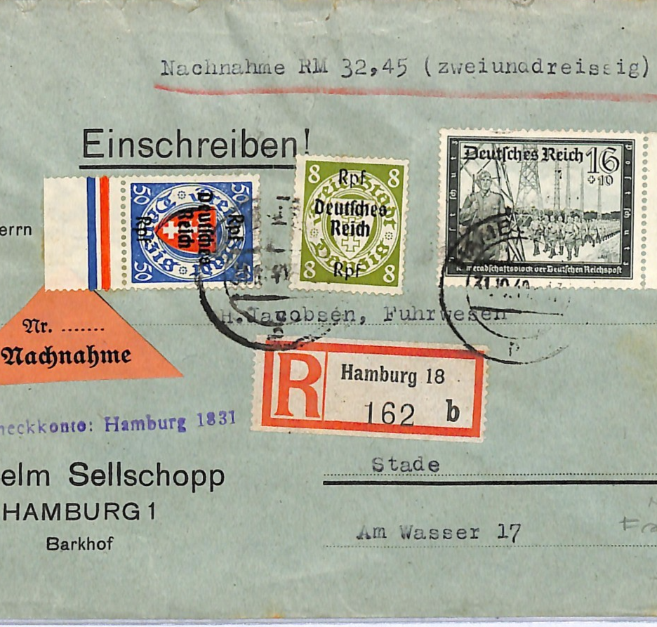 GERMANY/DANZIG Overprint WW2 Mixed Franking Cover Hamburg Reg 1940 (Poland)WG14 - Image 3