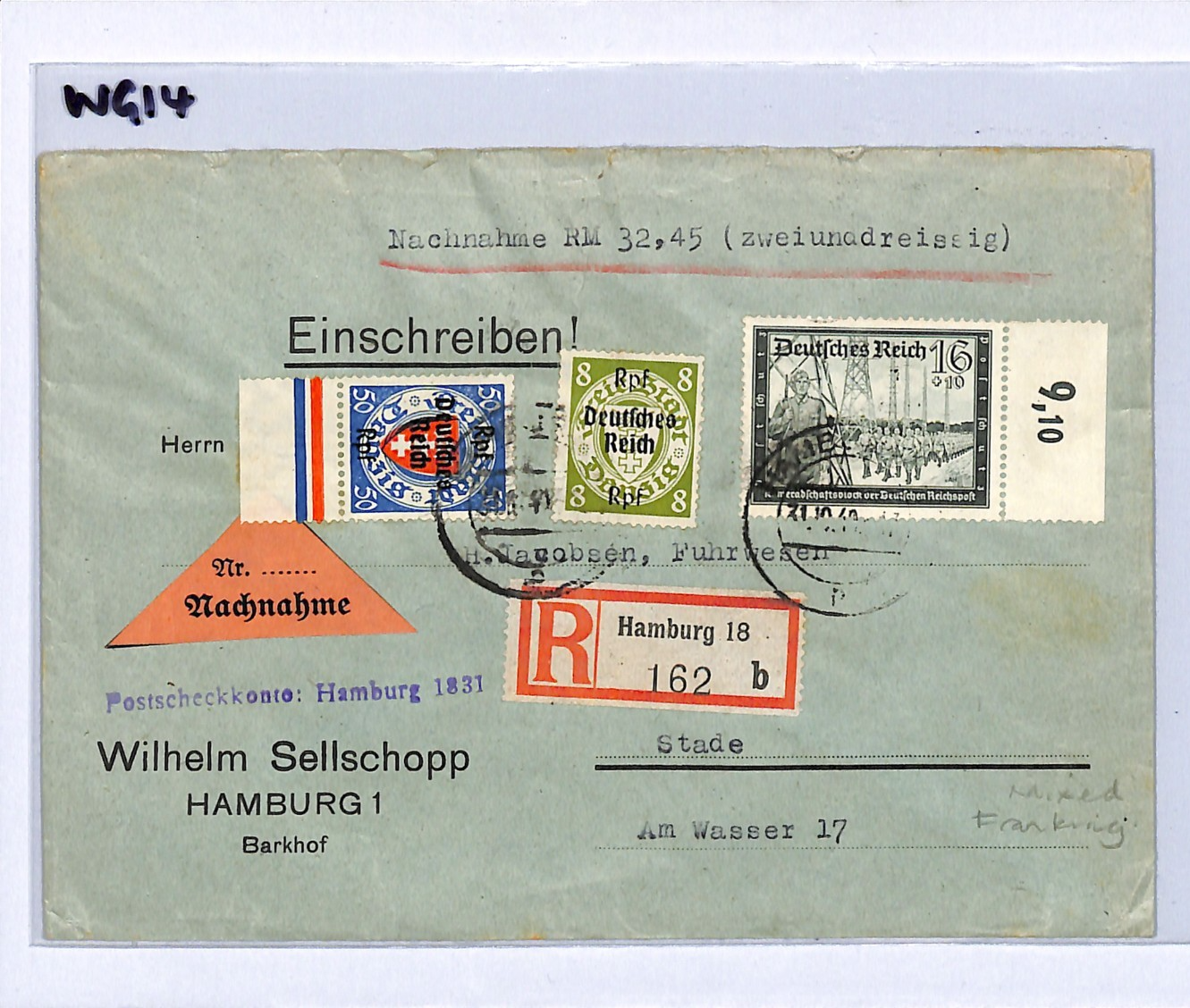 GERMANY/DANZIG Overprint WW2 Mixed Franking Cover Hamburg Reg 1940 (Poland)WG14 - Image 6