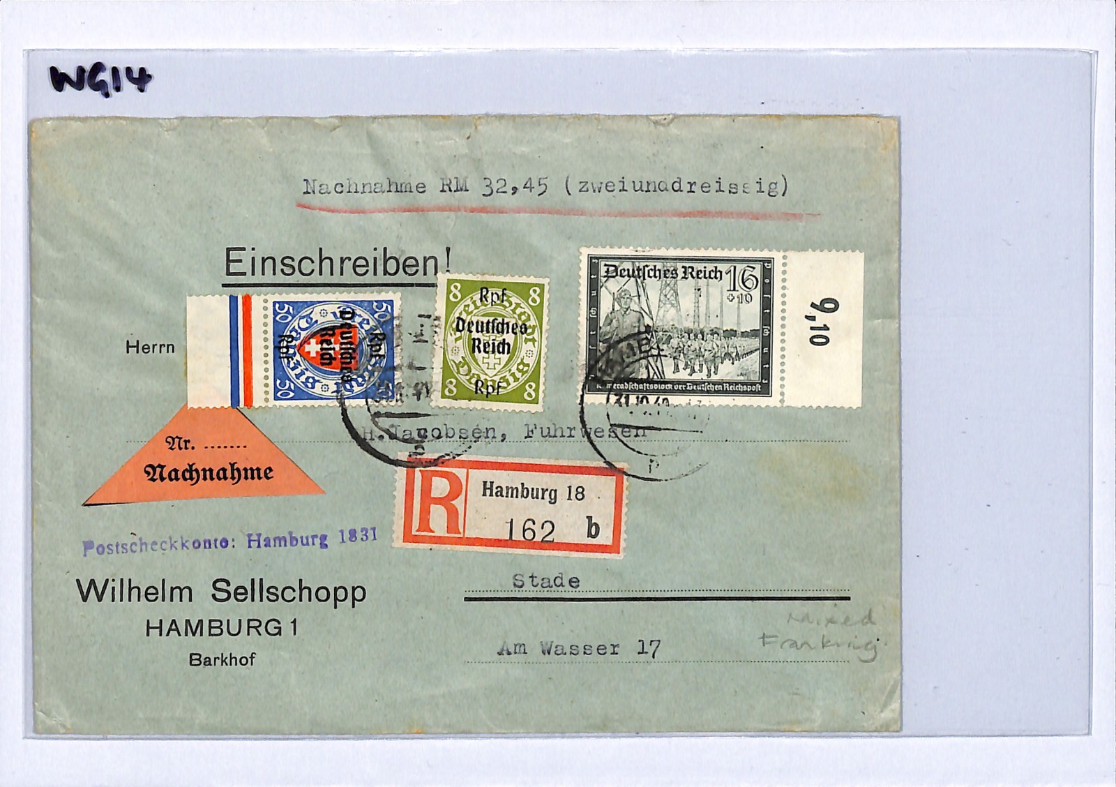 GERMANY/DANZIG Overprint WW2 Mixed Franking Cover Hamburg Reg 1940 (Poland)WG14 - Image 8