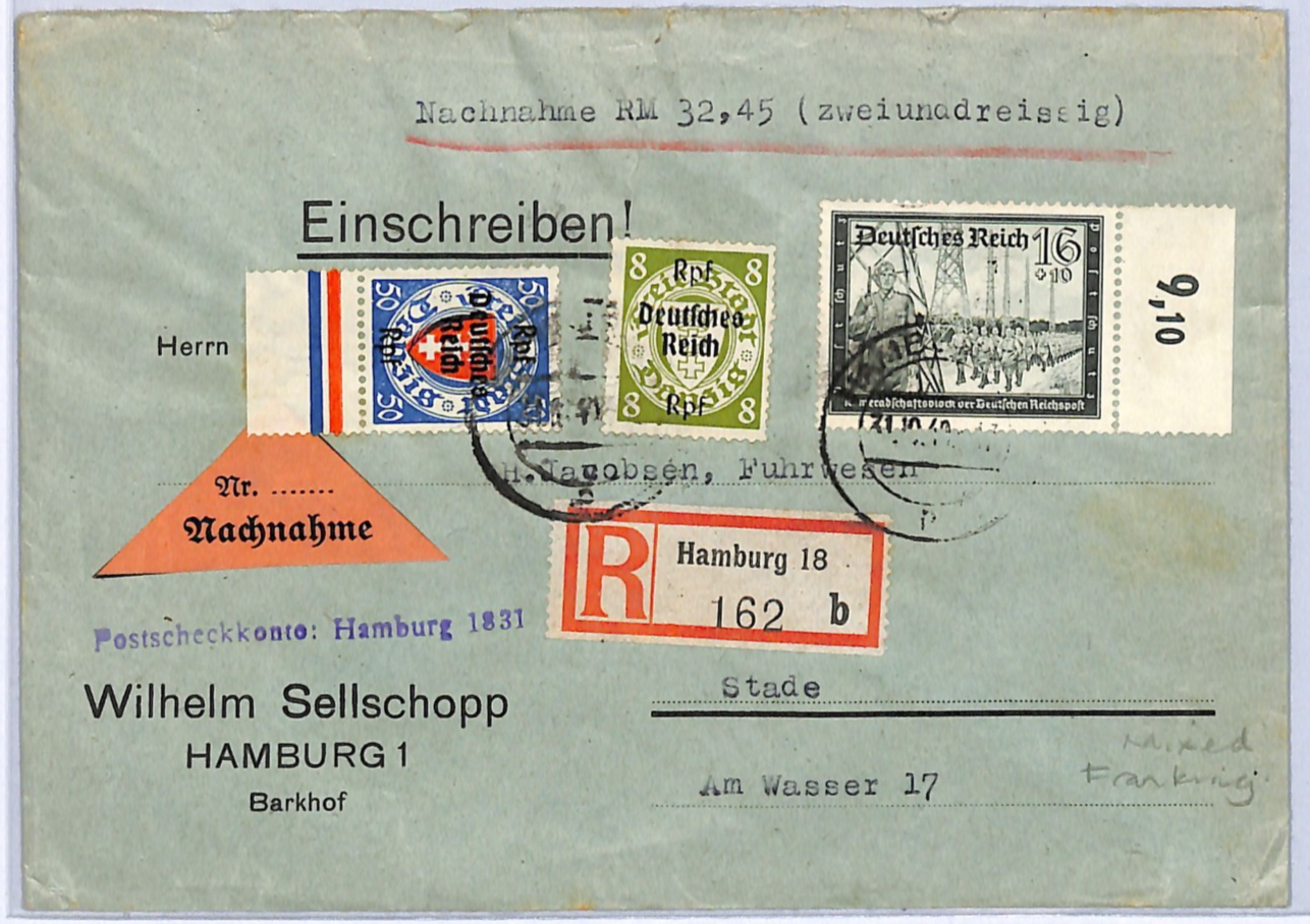 GERMANY/DANZIG Overprint WW2 Mixed Franking Cover Hamburg Reg 1940 (Poland)WG14