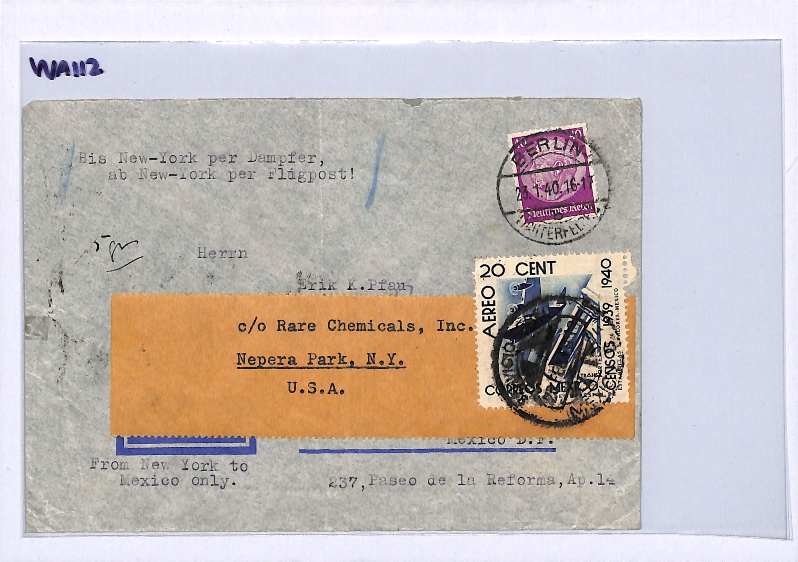 GERMANY/MEXICO Air Mail WW2 1940 Cover Berlin FORWARDED USA New York WA112 - Image 4