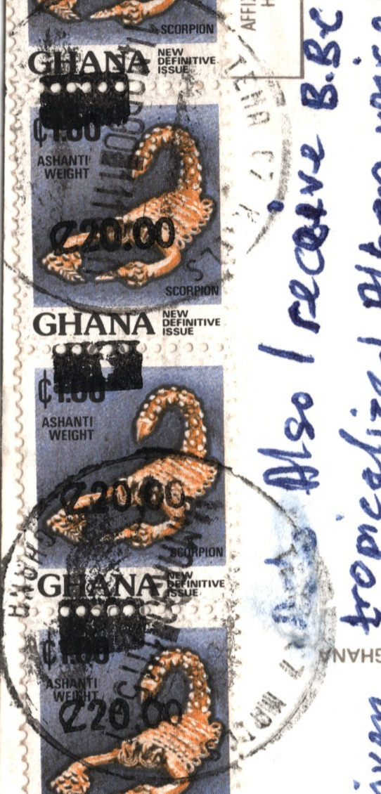 GHANA Postcard 1990 Error *MISPLACED INFLATION SURCHARGES* Strip{4} BBC WF437