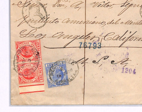 GIBRALTAR Cover KEVII Registered USA Los Angeles 1908 CALIFORNIA XH219 - Image 5