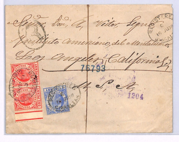 GIBRALTAR Cover KEVII Registered USA Los Angeles 1908 CALIFORNIA XH219 - Image 6