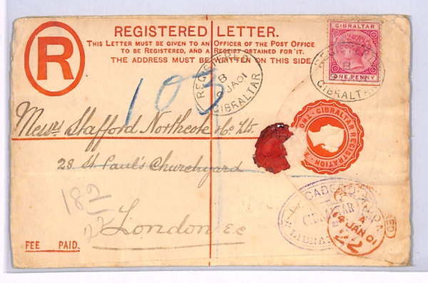 GIBRALTAR Cover Registered QV 1d+2d Stationery 1901 London {samwells}XH214 - Image 4