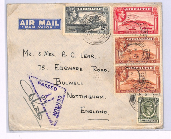 GIBRALTAR KGVI Cover WW2 CENSOR *11* Violet Triangular 1941 Bulwell Notts XH137