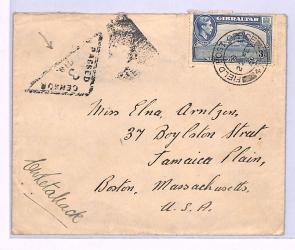 GIBRALTAR WW2 Cover *3/GIB* Black TRIANGULAR CENSOR Military FPO.475 Boston XH63 - Image 3