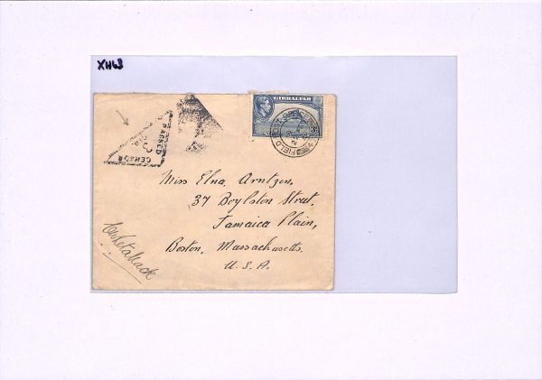 GIBRALTAR WW2 Cover *3/GIB* Black TRIANGULAR CENSOR Military FPO.475 Boston XH63 - Image 5