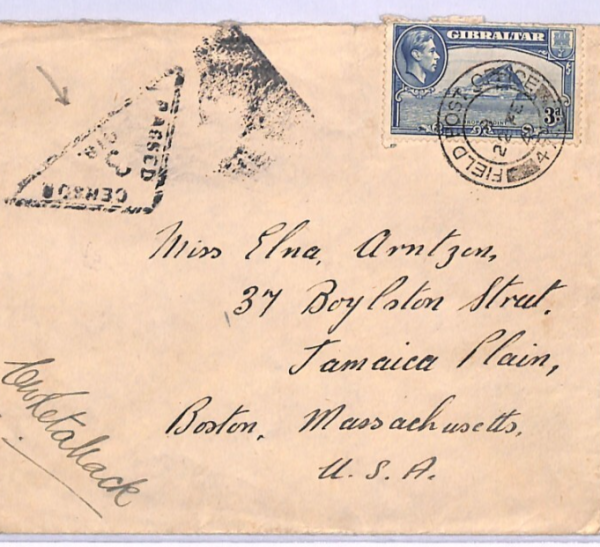GIBRALTAR WW2 Cover *3/GIB* Black TRIANGULAR CENSOR Military FPO.475 Boston XH63