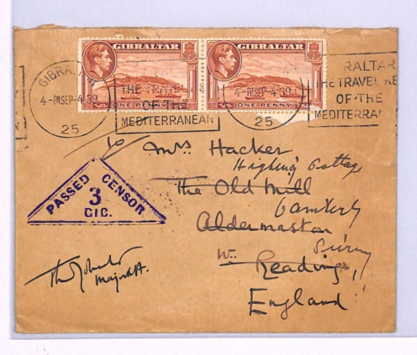 GIBRALTAR WW2 Cover *3/GIB* TRIANGULAR CENSOR Machine 1939 KEY Slogan Berks XH62 - Image 3